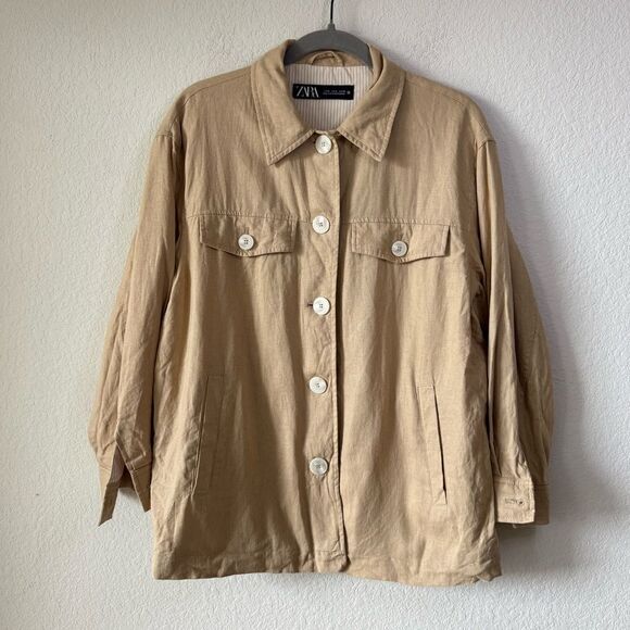 Zara Linen Blend Shacket Sz M Tan Button Up Lightweight Jacket Boho Minimalist - Picture 6 of 8